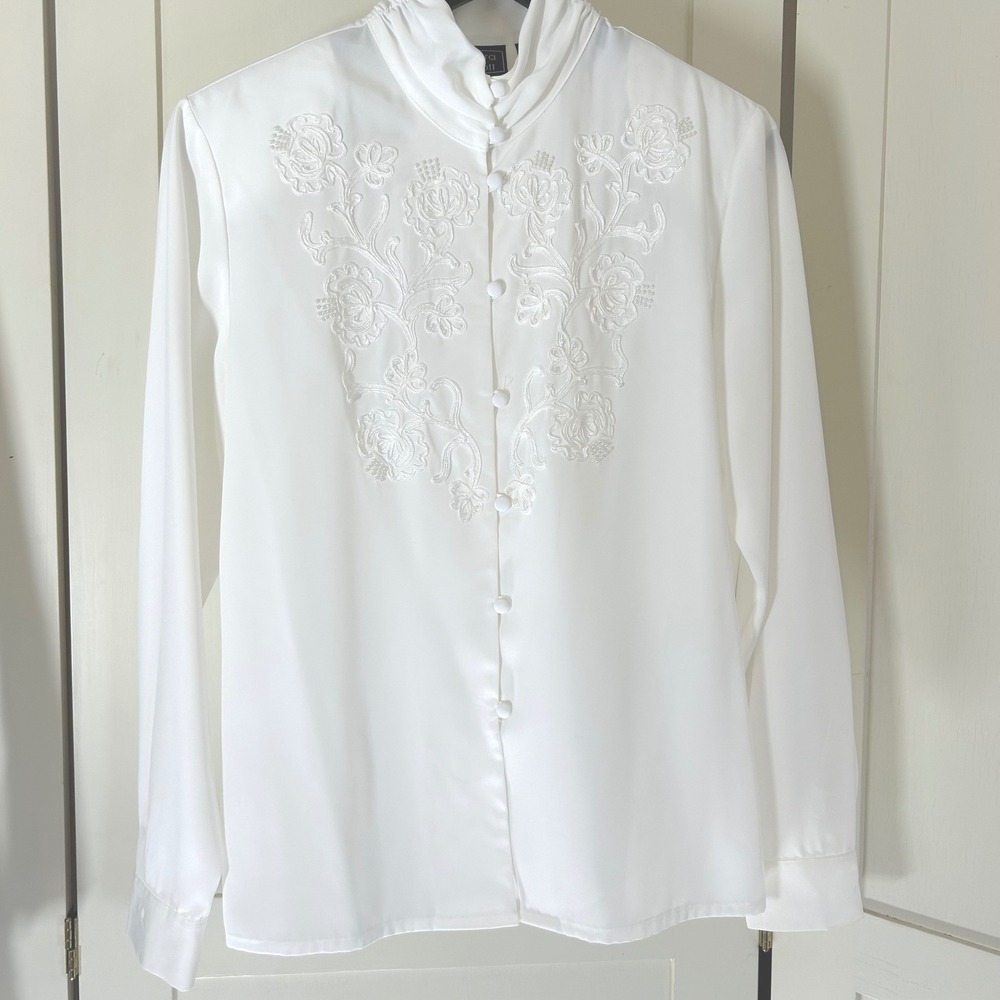 Vintage Laura Scott Blouse Women 14 White Embroidered Floral Victorian Coquette